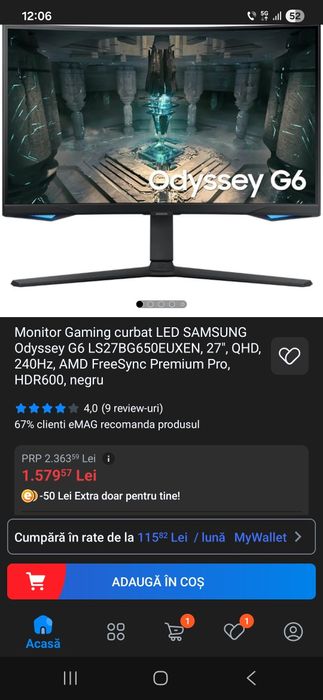 Monitor SAMSUNG Odyssey G6 4k 240hz, 27"