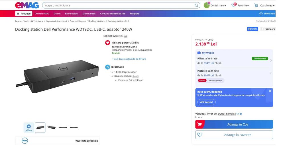 Docking station Dell Performance WD19DC, 2*USB-C, adaptor 240W , nou