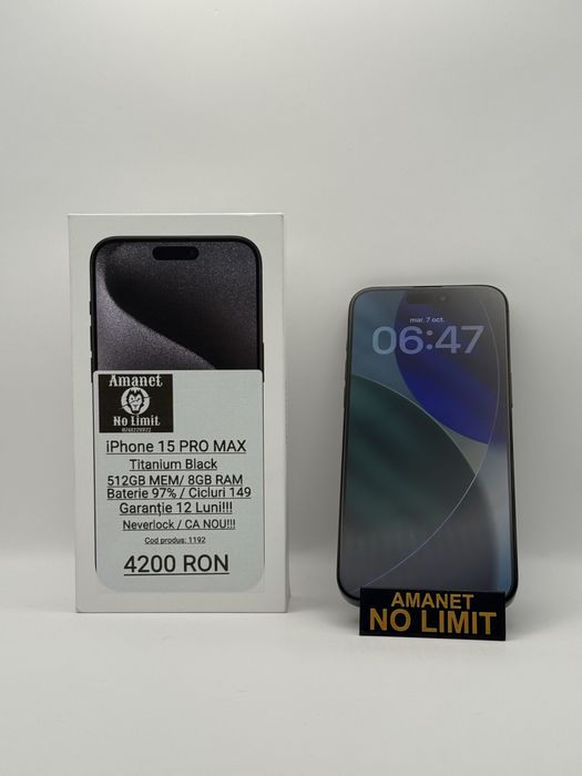 iPhone 15 Pro Max Titanium Black 512GB Ca Nou,Garantie 1An Folie Cadou
