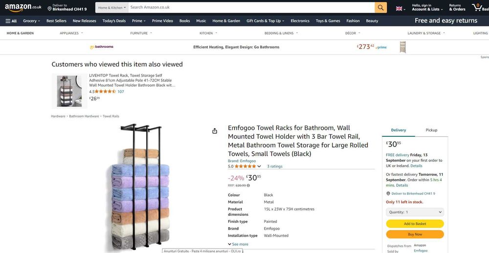 REDUS de la 150RON, Suport prosoape, otel inoxidabil Negru de baie