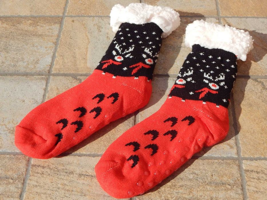 Sosete motiv Craciun cu teddy-fleece antiderapant