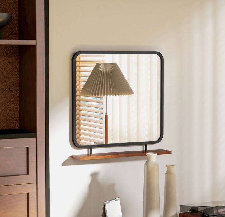 Стенно огледало с дървен рафт 55х55