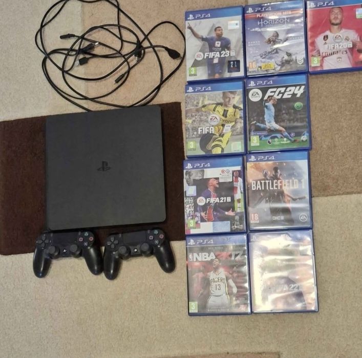 Vând PS4 1TB, 2 manete, 7 jocuri+ fc25 in cont,+ cablu hdmi, controler