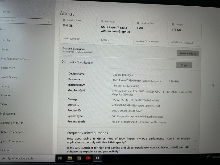 HP Victus 16,1 Ryzen 7 5800H  16 Ram