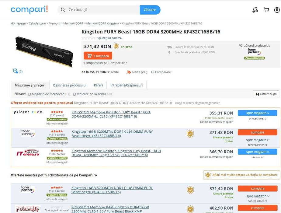 Memorie RAM Kingston FURY  16GB DDR4 3200MHz CL16 , SIGILATE NOI