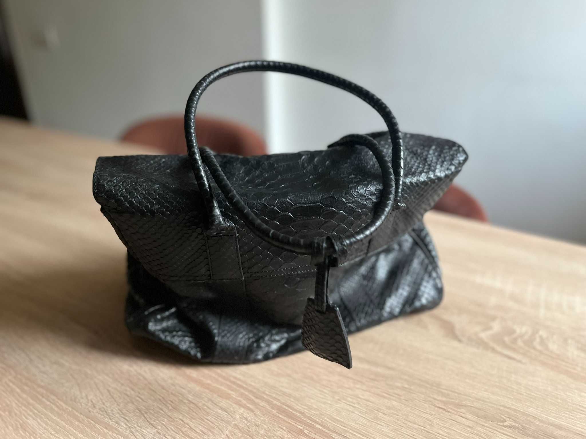 Muller black medium snake print leather bag with medium handler