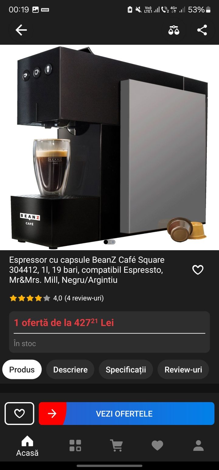 Espressor cu capsule BeanZ Café Square 304412, 1l, 19 bari