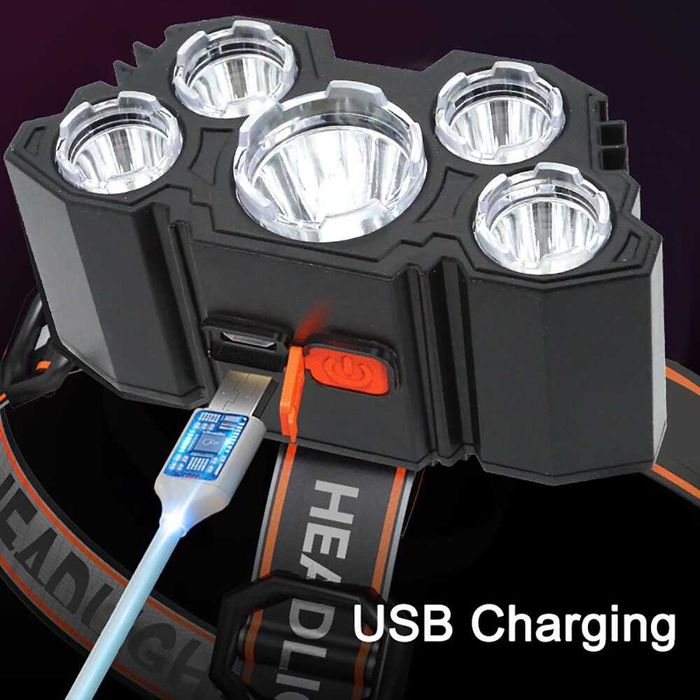 5 LED фенерче, челник, акумулаторно с вградена 18650 батерия, къмпинг
