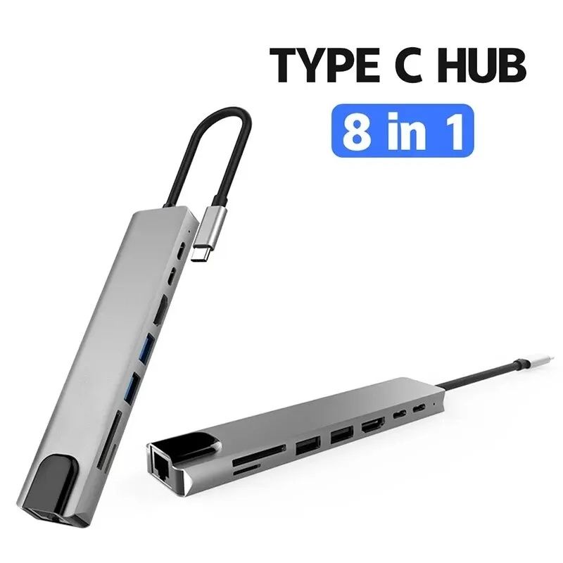 Hub Ethernet 8in1 Adaptor Rețea Usb Hdmi Hub Type C MicroSD USB 3.0