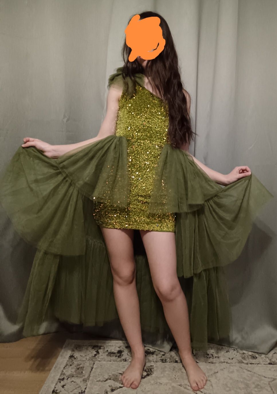 Rochie banchet, petreceri, verde (kaki) noua, din catifea cu paiete și
