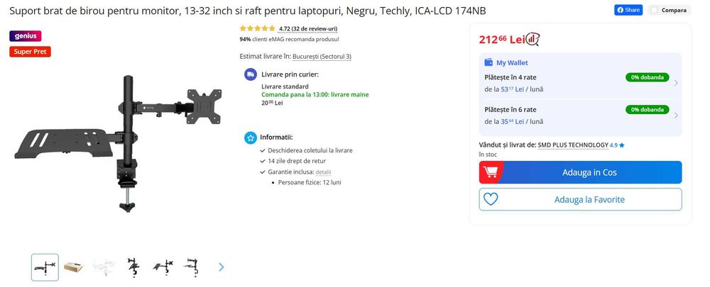 Suport brat de birou pentru monitor si raft pentru laptop