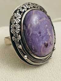 ръчно изработен сребърен пръстен, камък чароит