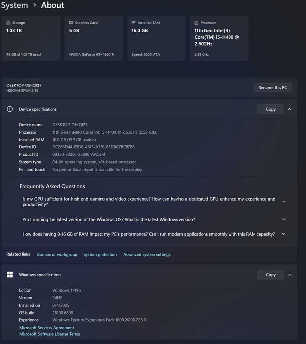 Pc Gaming i5 10400 16gb ram GTX 1660TI