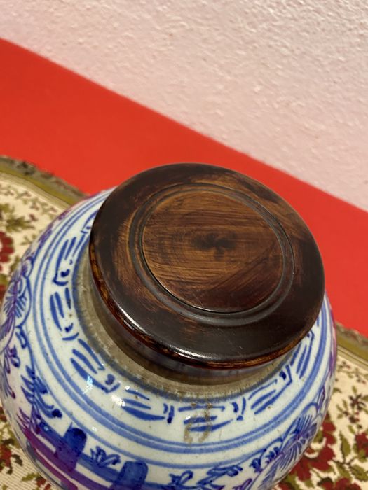 Китайски буркан Double Happiness синьо бял винтидж 1900 г