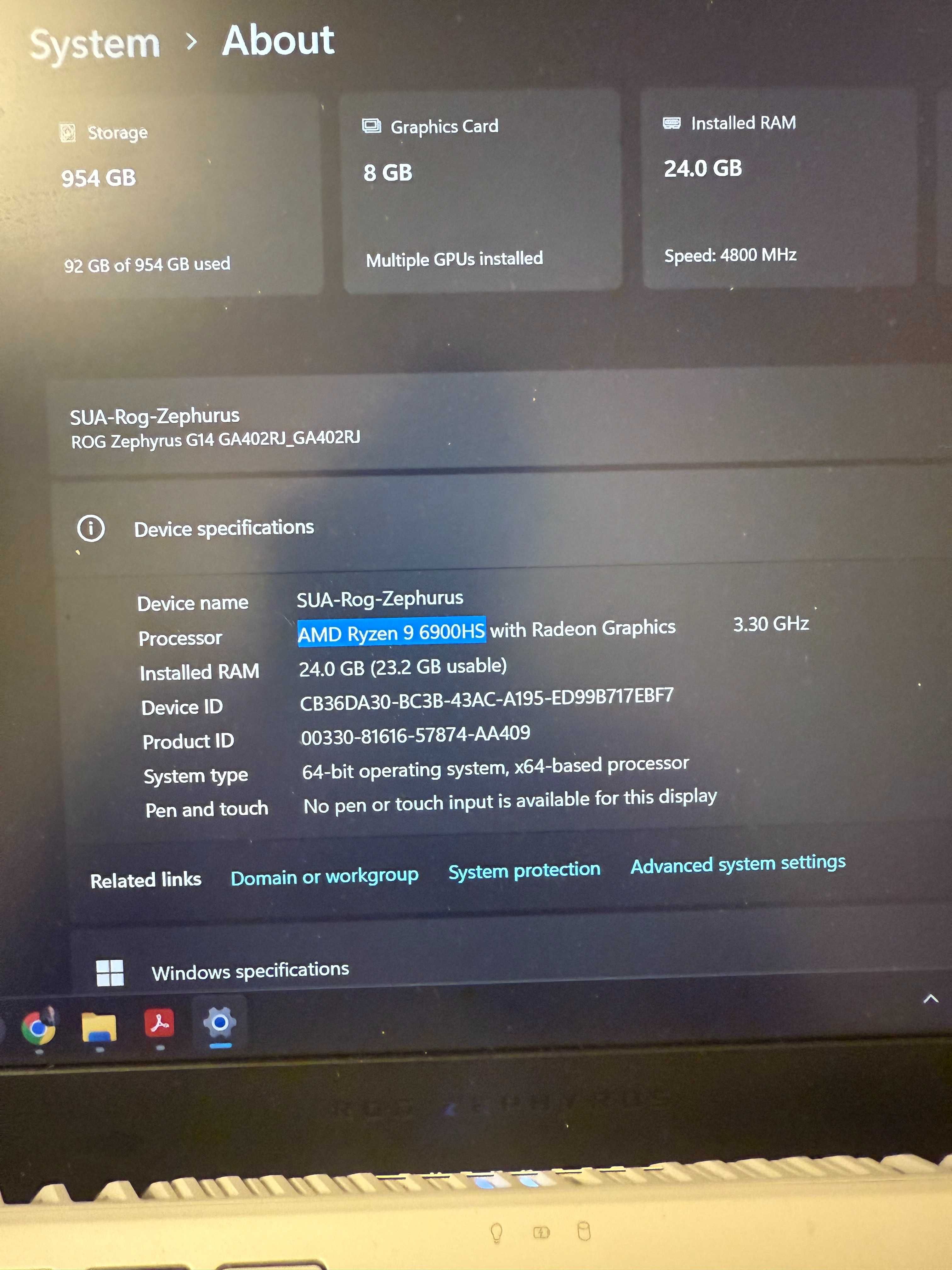 Asus Rog Zephyrus G14 GA402, Gaming Laptop, AMD Ryzen 9 6900HS, 24 GB