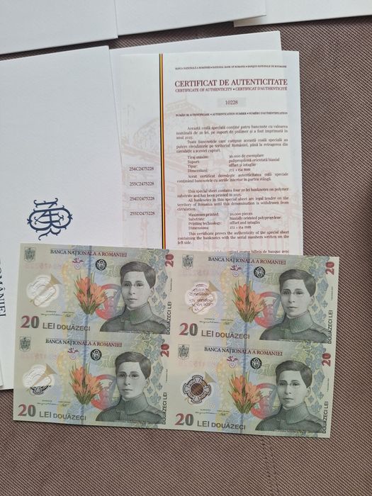 Vând Coala 20 lei plic BNR certificat