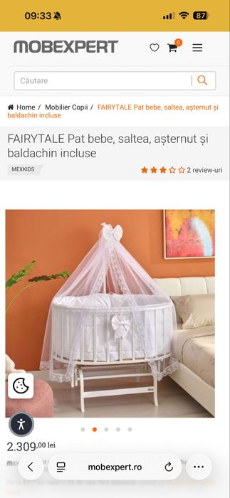 Pat bebe FAIRYTALE Mobexpert- saltea, așternut și baldachin incluse