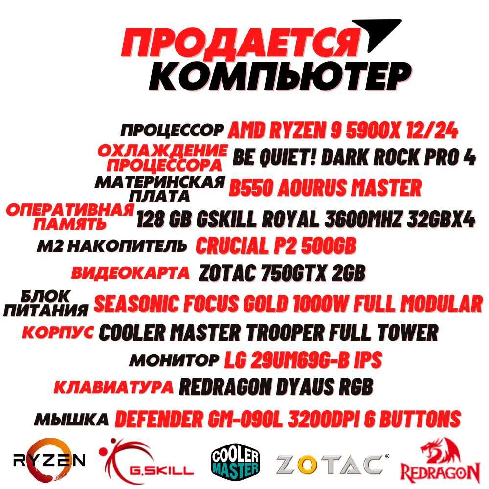 Продается компьютер Процессор 12/24, ОЗУ 128Гб, БП 1000В, МП В550Wifi