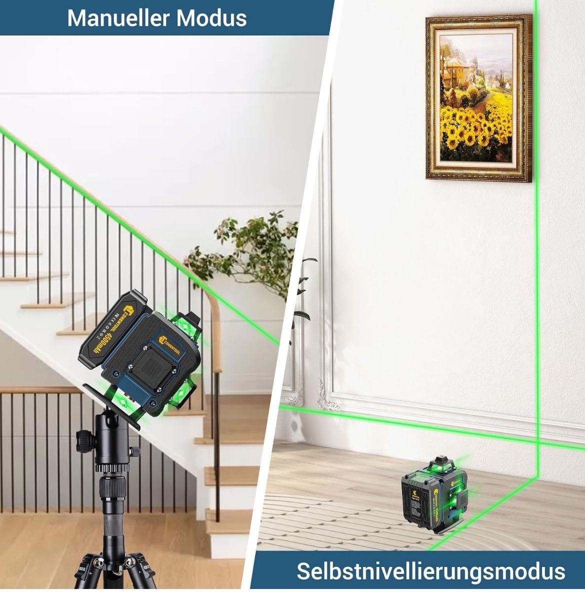 CONENTOOL Laser în cruce, 4 x 360° cu rază verde, 2 baterii 4500 mAh