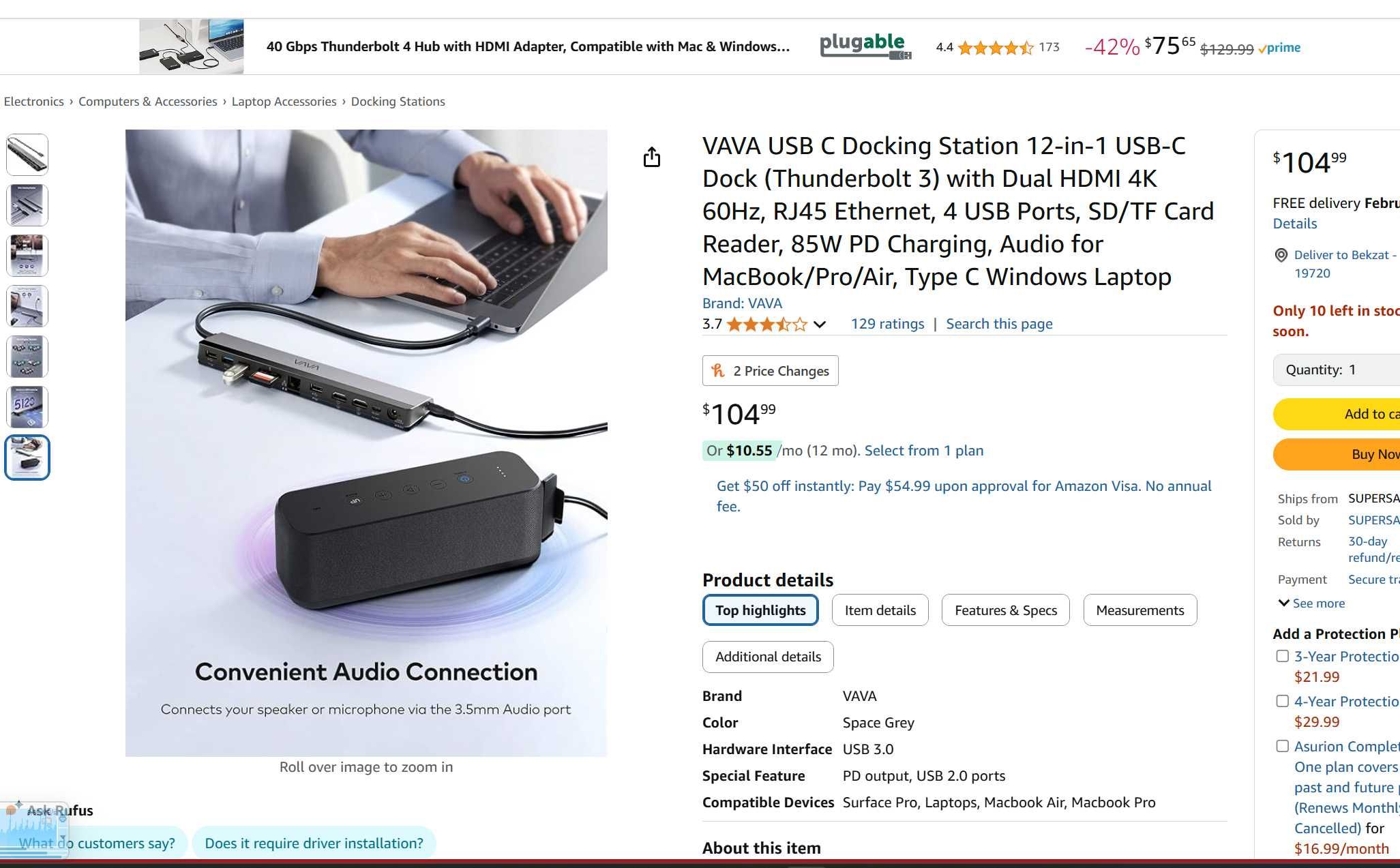 VAVA USB C Док станция 12-in-1 USB-C Thunderbolt 3 Dual HDMI 4K 60Hz