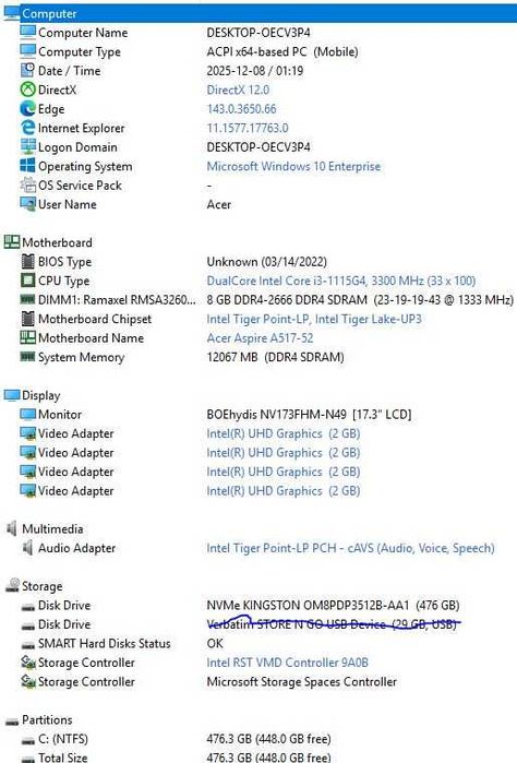 Acer Aspire 5 ecran 17.3 FullHD core i3 1115G4 11th 500gb M2, 8gb DDR4