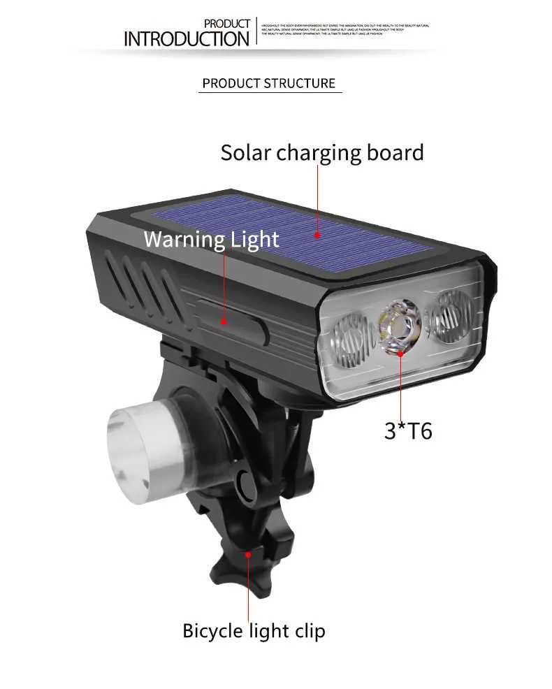 Соларен фар за велосипед с 3*T6 диода, сирена 120dB, 3000Lm