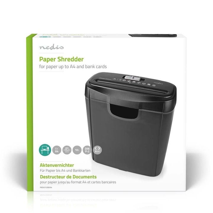 Шредер за хартия NEDIS, A4, 10l, 190W, 2.5m/min, ABS, Черен