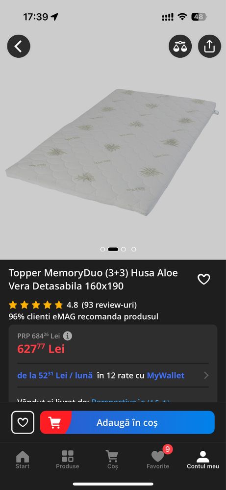 Topper MemoryDuo (3+3) Husa Aloe Vera Detasabila 160x190