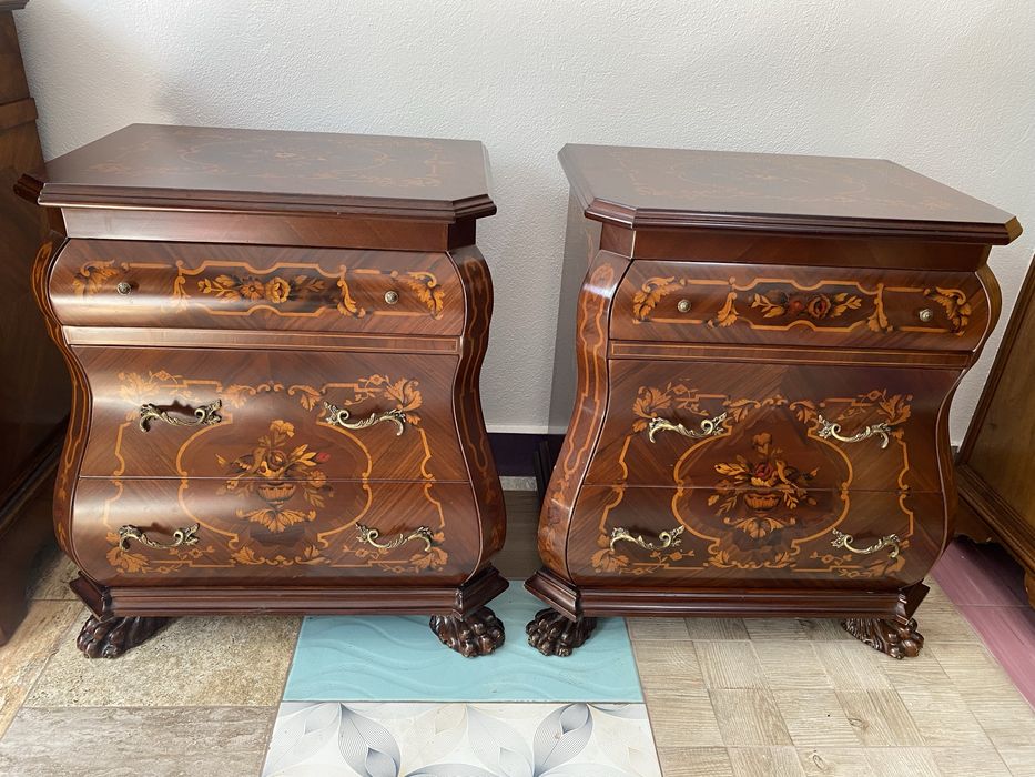 Set 2 Noptiere Bronz Lemn Intarsie Gheare Leu Vintage