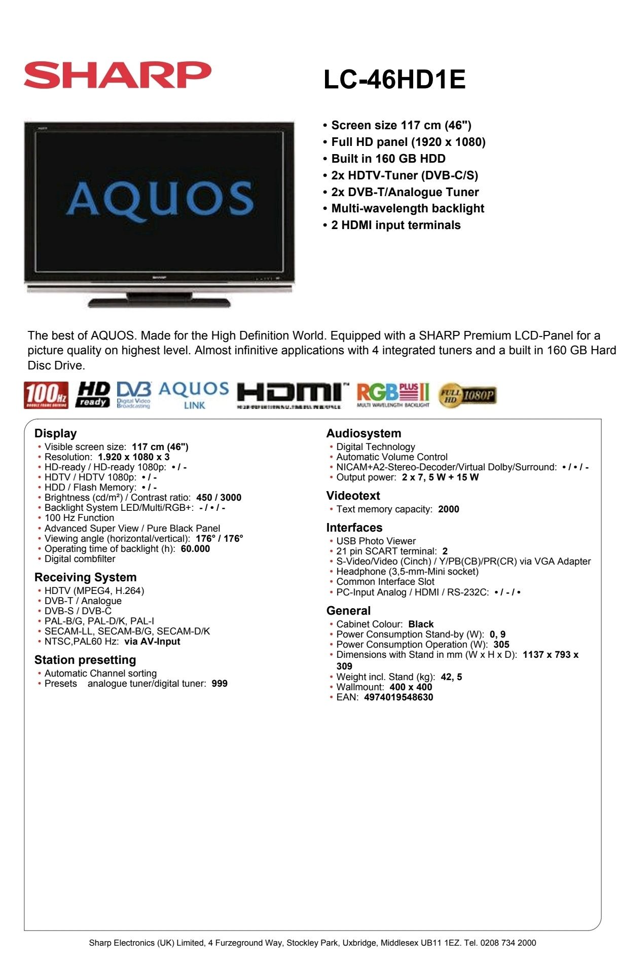 46" Full HD LCD Телевизор Sharp 46HD1E