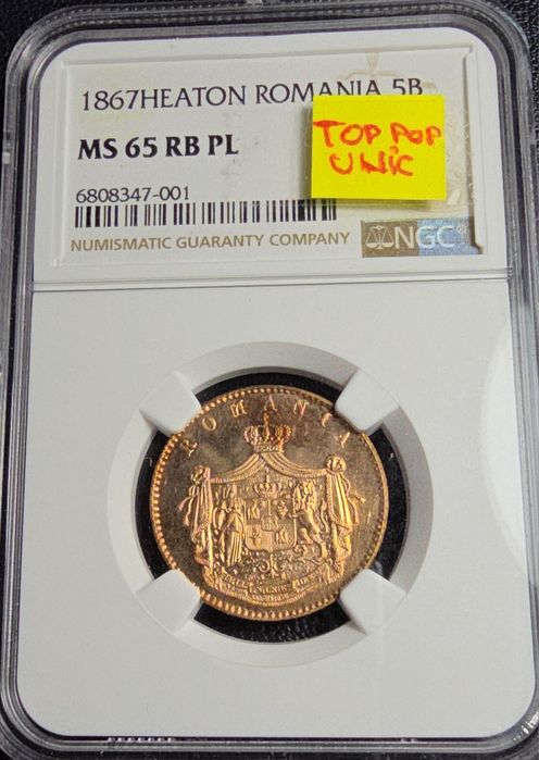 Moneda 5 bani 1867 MS65 PL top pop