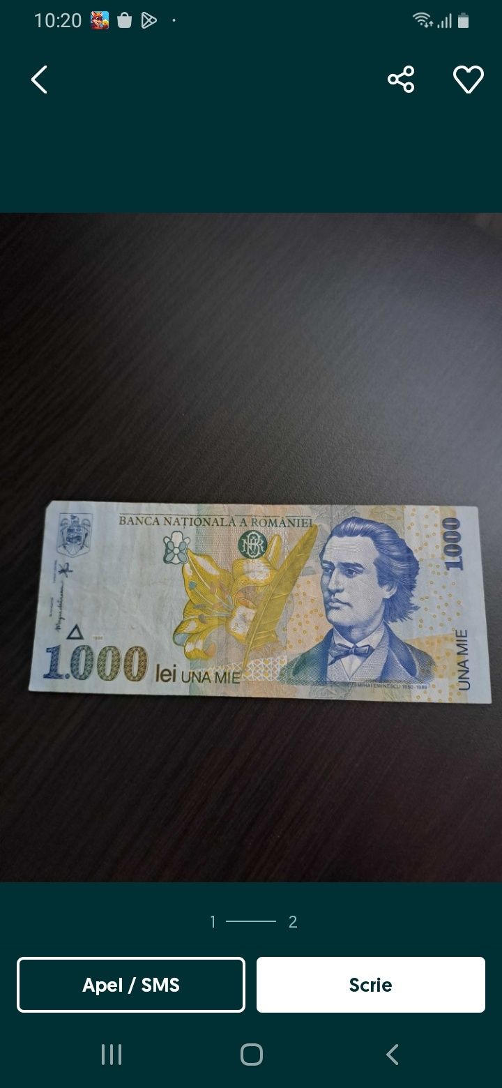 Vând două bancnote de 1000 de lei din anul 1998,pret 6000lei/bucata