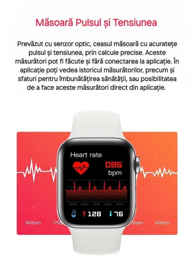 Smartwatch. Apeluri/Mesaje pe ceas. Notificări. Sănătate&Fitness. Alb.