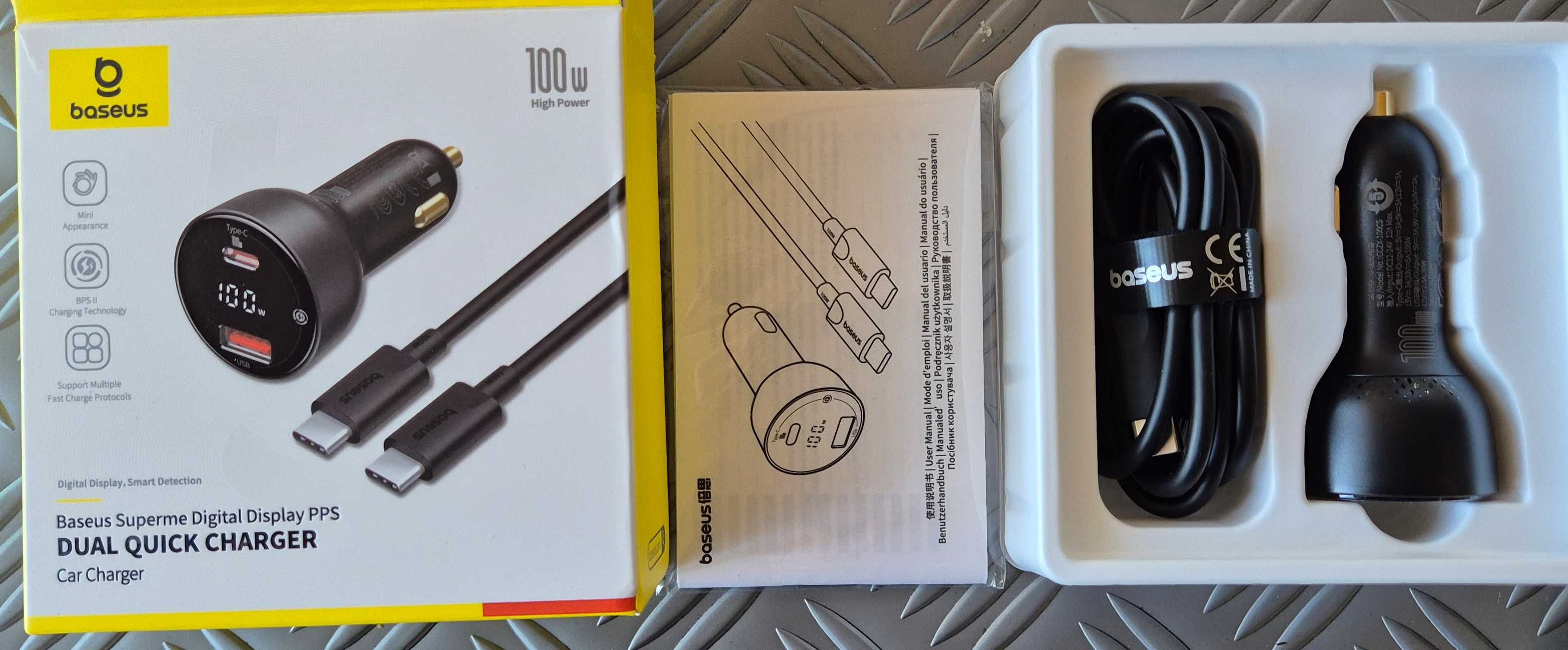 Зарядно за кола Baseus Superme USB, USB-C, 100W + USB-C кабел