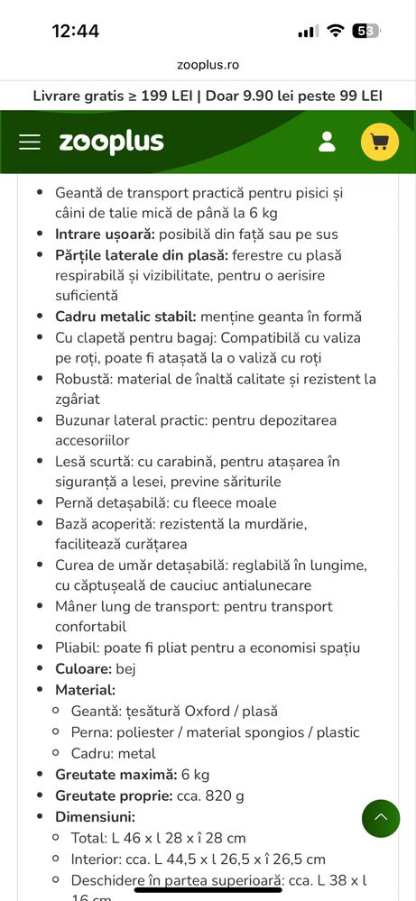 Geanta de transport animale L 46 x l 28 x î 28 cm