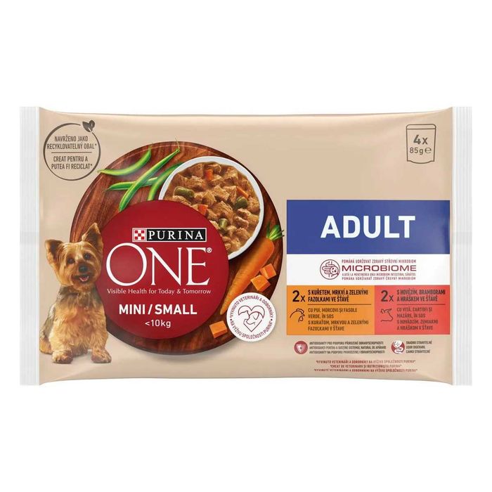 Hrana umeda caini talie mica Purina One Mini Adult pui si vita 4x85 g