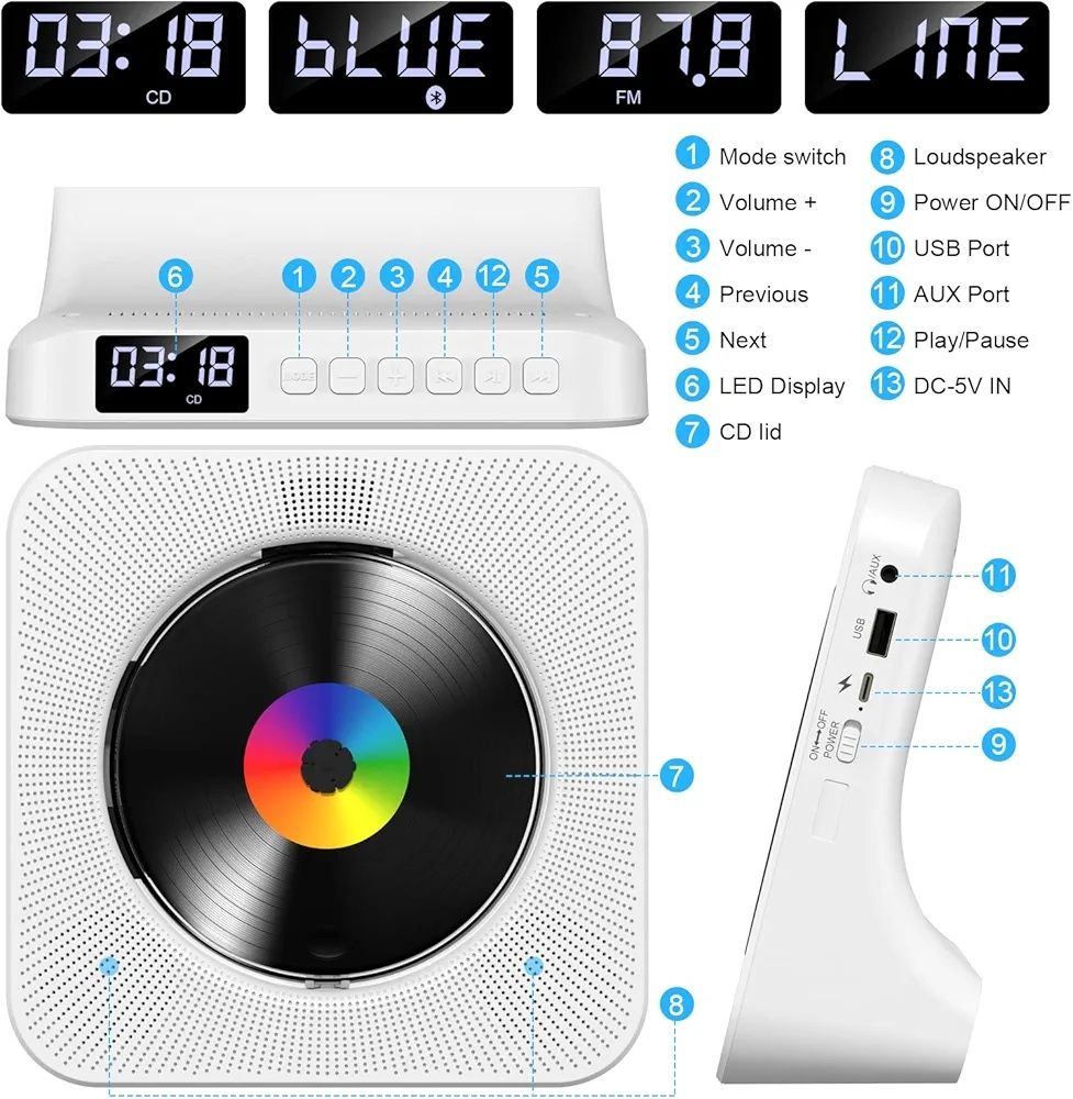 6в1 CD плеър + Bluetooth 5.0 HiFi високоговорител + FM радио + USB C