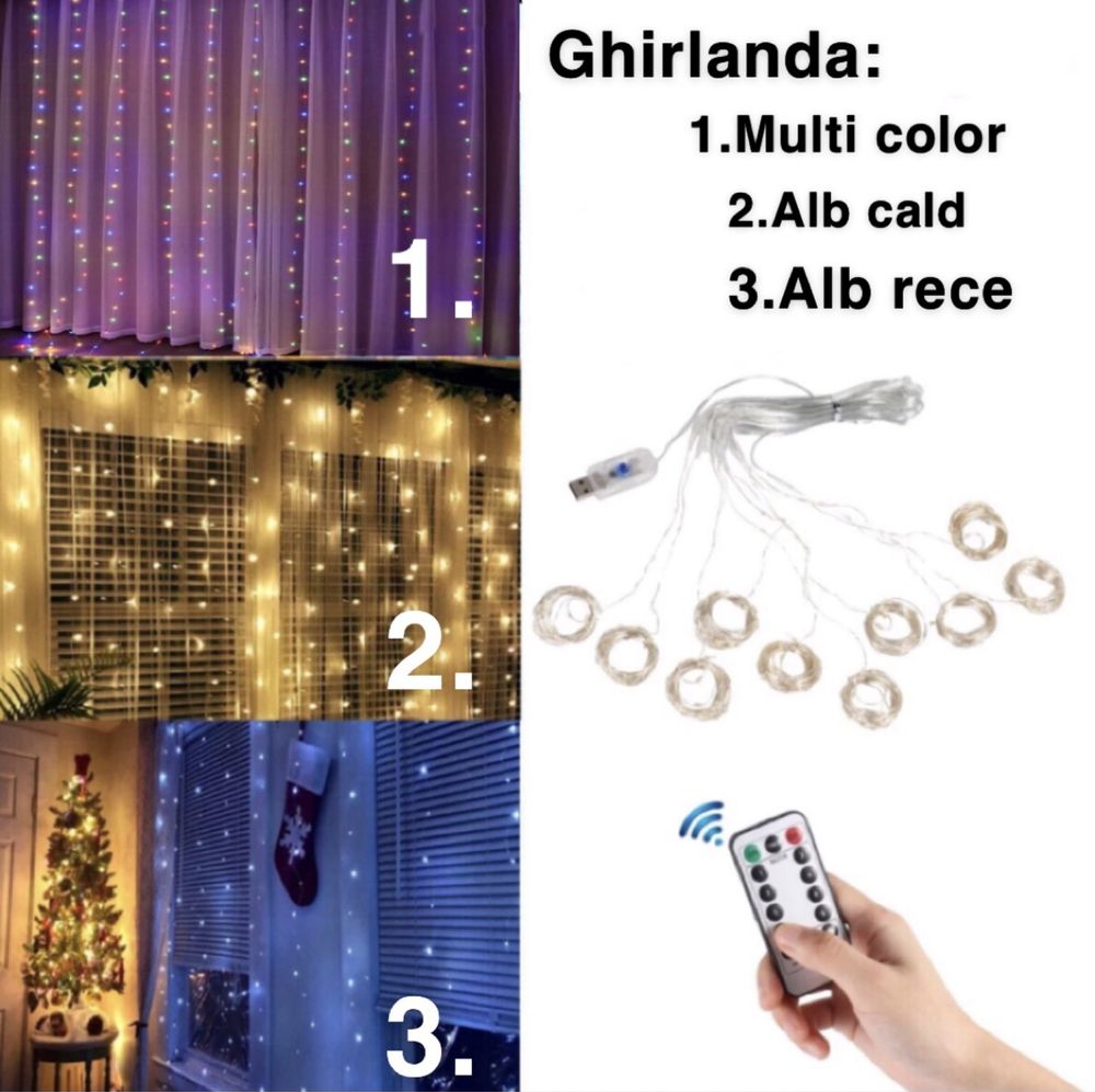 Ghirlanda tip perdea interior/exterior 8 moduri de iluminare USB 3x3M