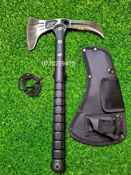 Topor tactic cu 2 taisuri pentru camping si drumetii otel, teaca