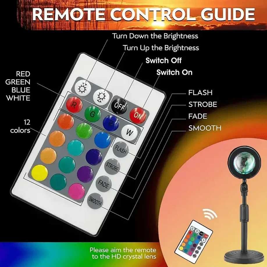 Lampa proiector LED cu simulare apus de soare 16 culori + telecomanda