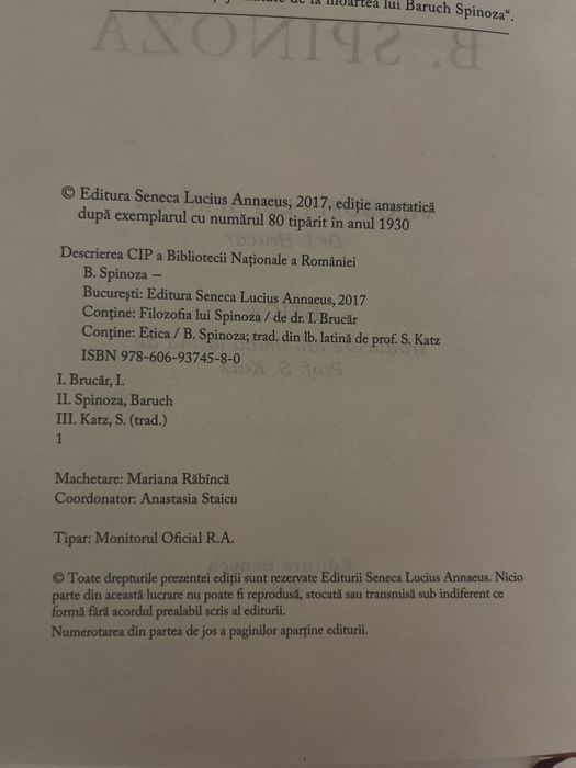 Baruch Spinoza - 250 de ani de la moarte, ediție anastatică