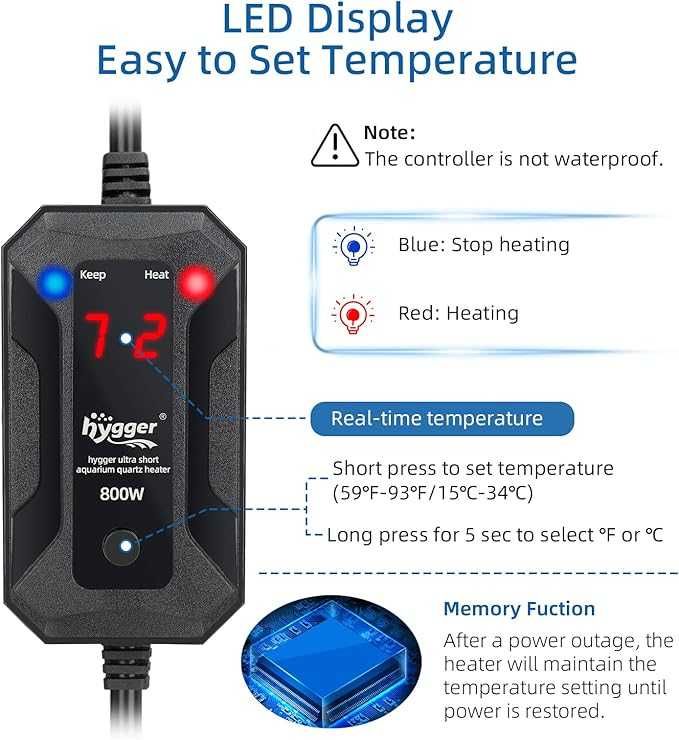 hygger 100W кварцов нагревател за аквариум с LED дигитален дисплей