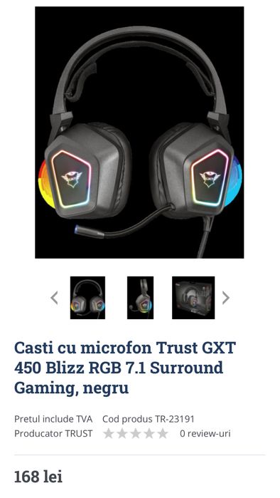 Casti cu microfon Trust GXT 450 Blizz RGB 7.1 Surround Gaming, negru