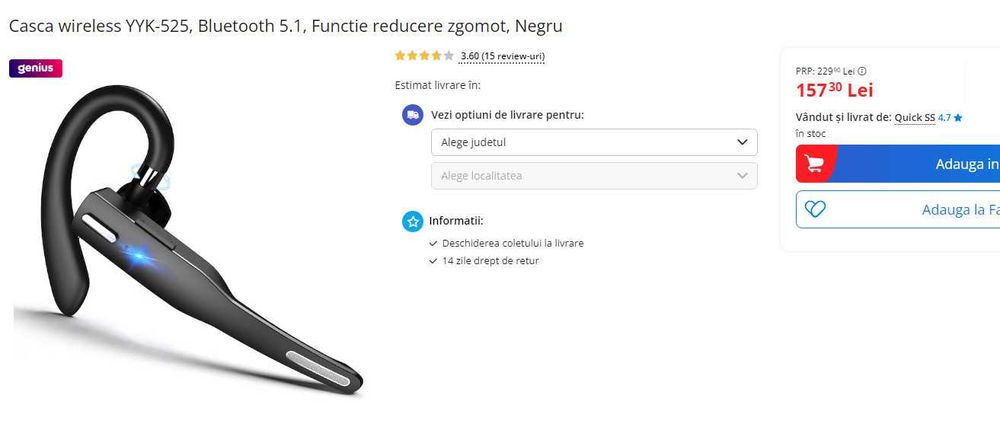 Casca wireless YYK-525, Bluetooth 5.1, Functie reducere zgomot, Negru