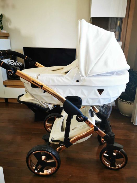 Бебешка количка Junama FLUO 3 in 1, (розова златна рамка)