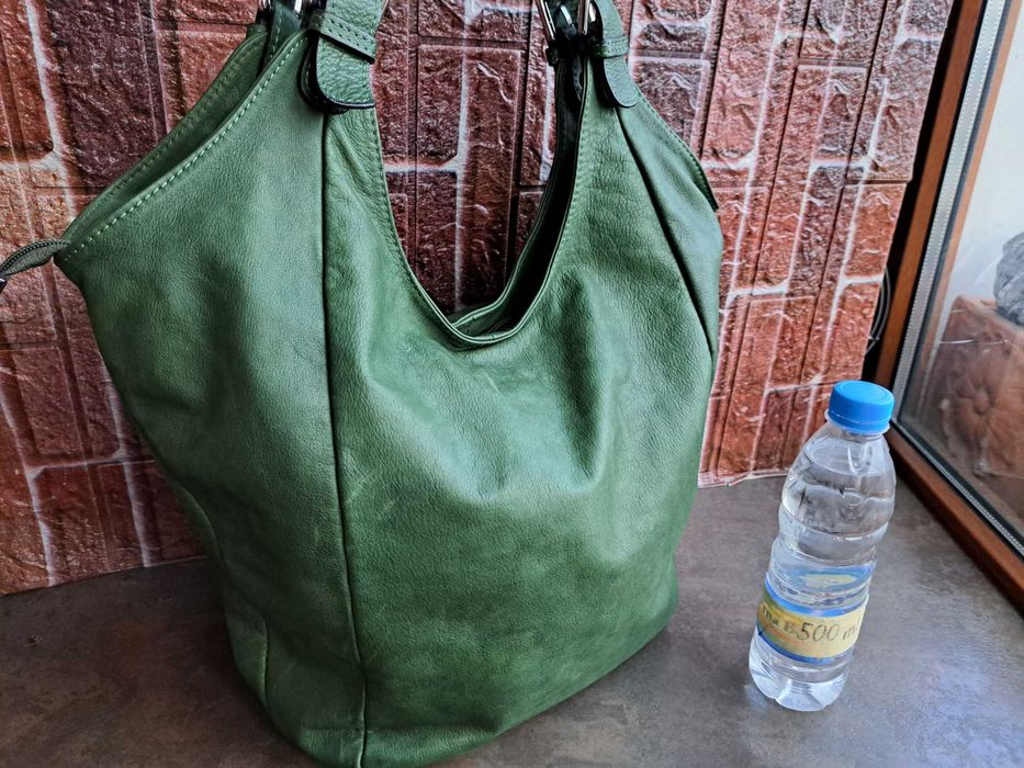 дамска чанта, голяма зелена торба-естествена кожа
