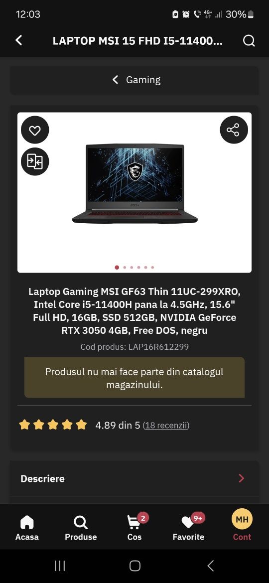 Laptop Gaming MSI GF63 Thin NVIDIA RTX 3050, 16 GB, 512 GB SSD