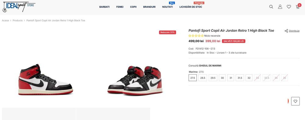 Pantofi Sport Copii Air Jordan Retro 1 High Black Toe - MARIMEA 35,5