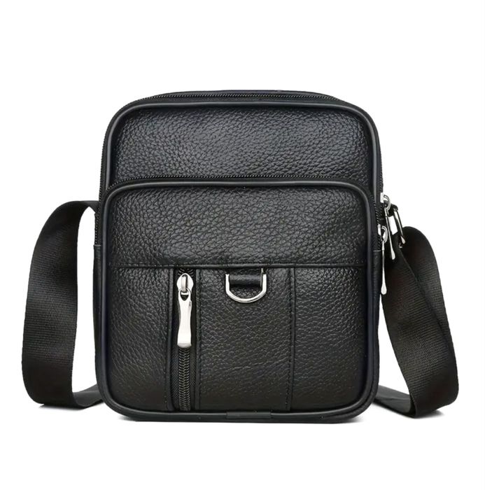 Стилна, Лятна бутикова мъжка чантичка за през рамо /Черна естест. кожа