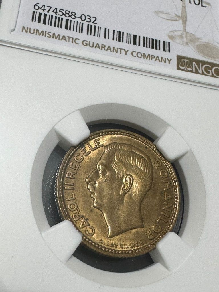 Moneda Romania 10 lei 1930 Carol II gradata NGC MS65